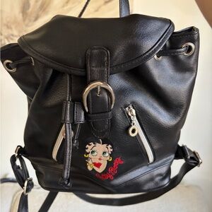 Vintage 1998 Betty Boop Black Faux Leather Backpack Bag